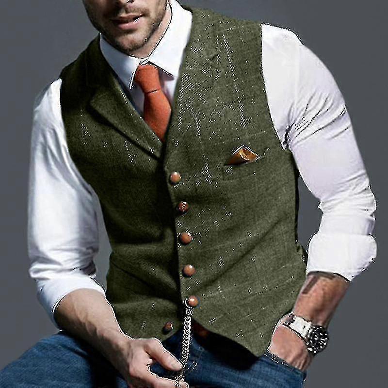 Erkek Takım Elbise Yelek Çentikli Ekose Yün Herringbone Tüvit Yelek Casual F