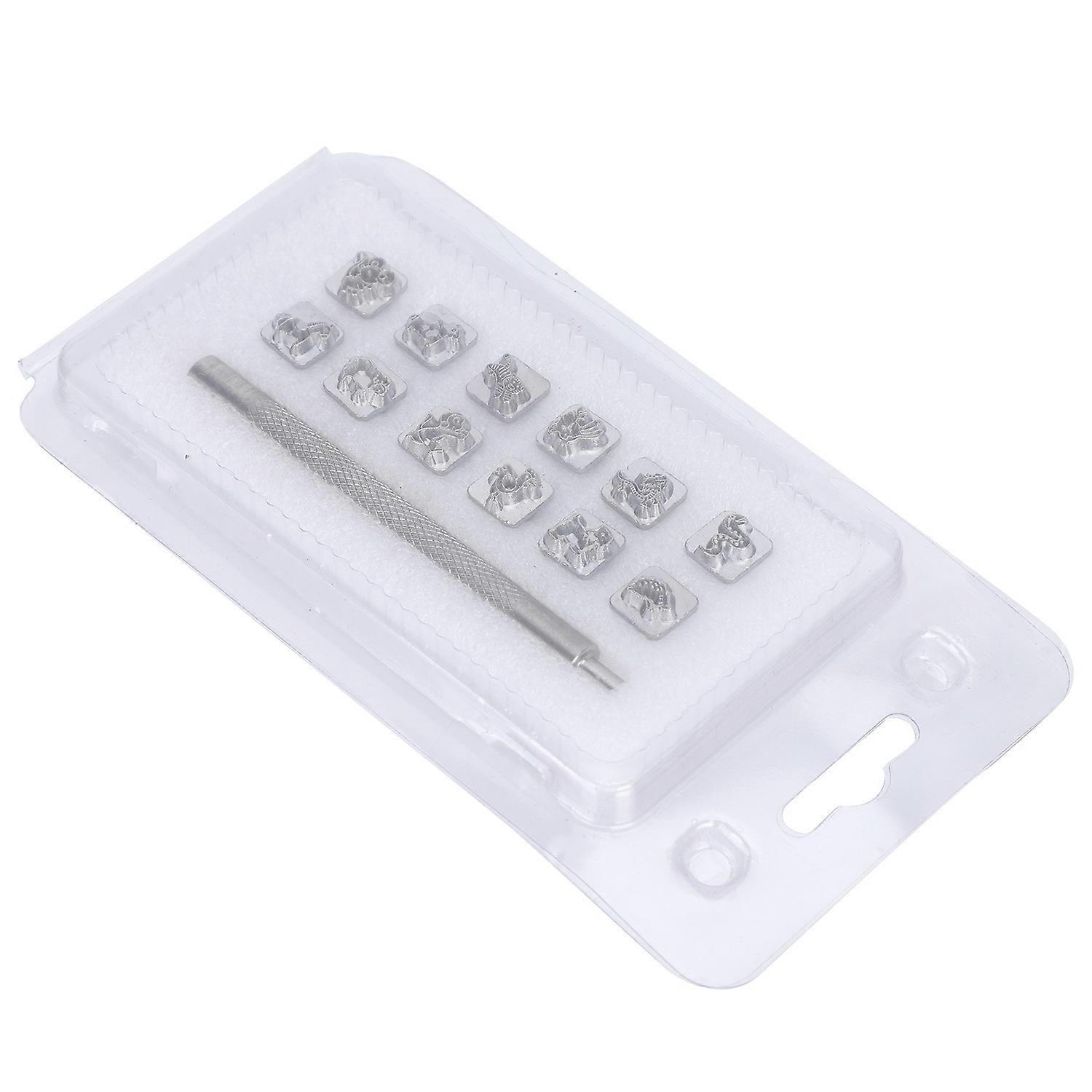 12Pcs Stamping Punch Tool Leather Craft Alloy Steel DIY Vegetable Leather Stamper 1Pc Handle(Zodiac