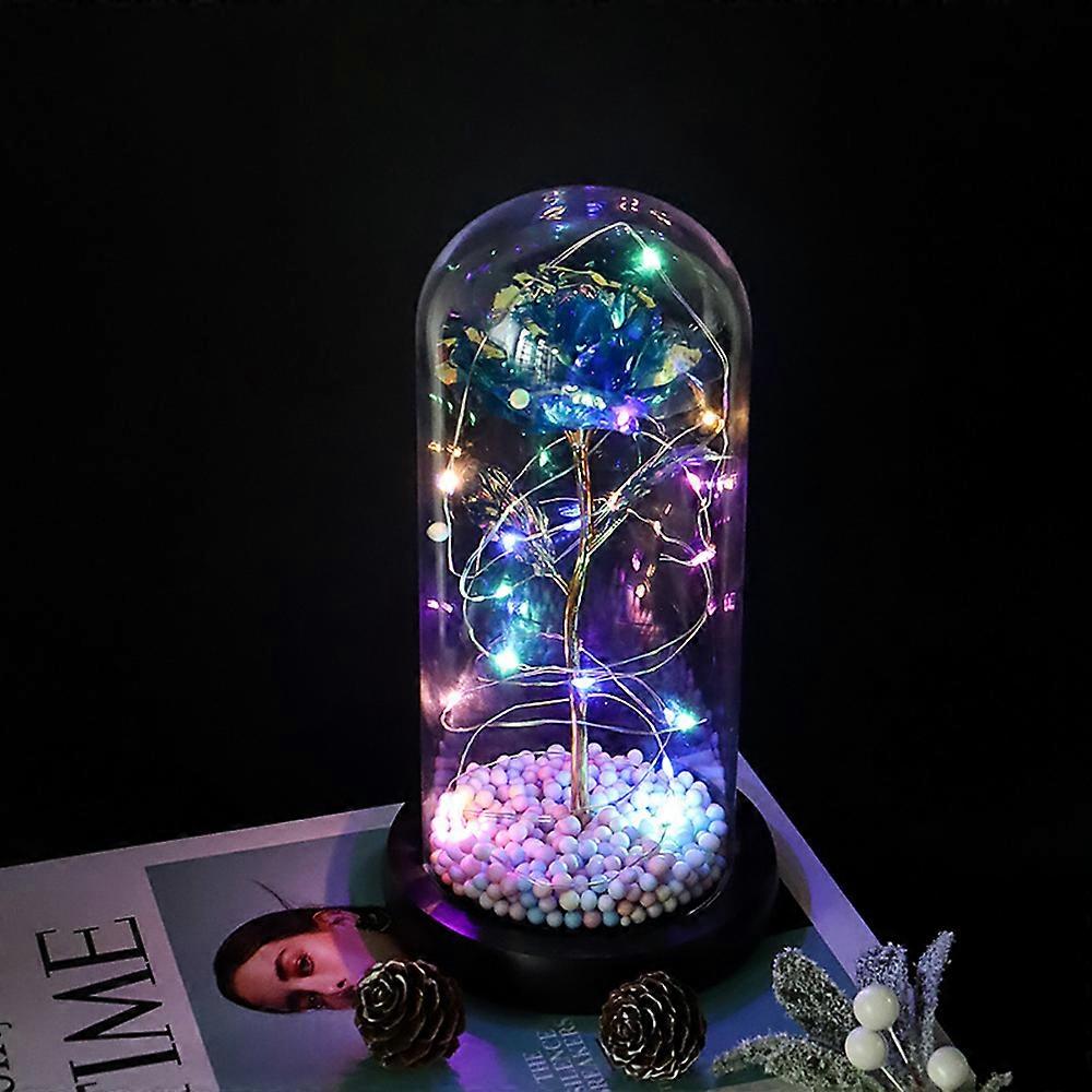 Akryl Blå Rose Ornament i Snowglobe med LED og sort base