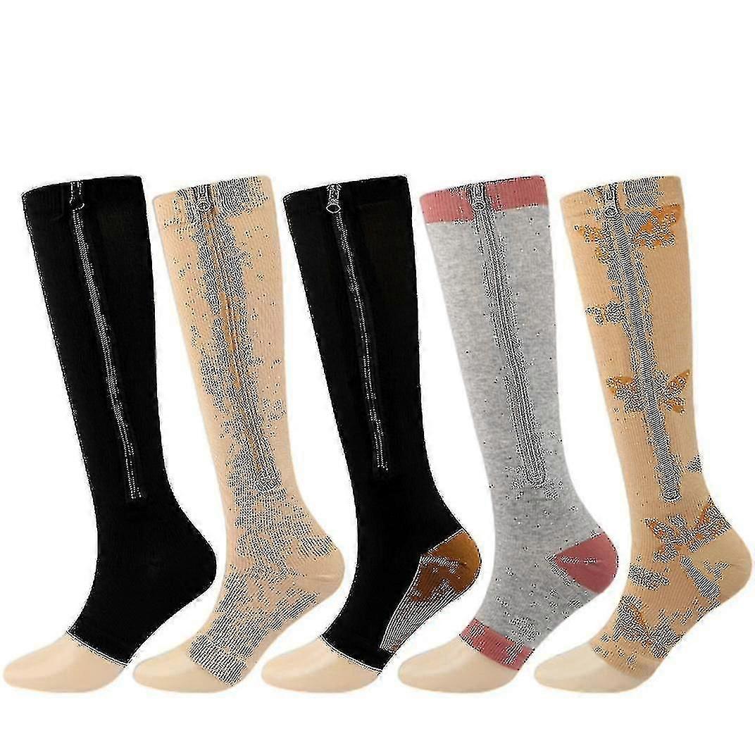 5 Pairs of Zippered Compression Socks, Sports Long Style Calf Stretch Socks