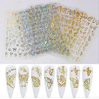 8 Blätter Schmetterling Nail Art Aufkleber, 3D Vergoldeter Laseraufkleber Gold Splitter Schmetterling Selbstklebende Nail Art Dekorationen Charms Nagelzubehör für Wom