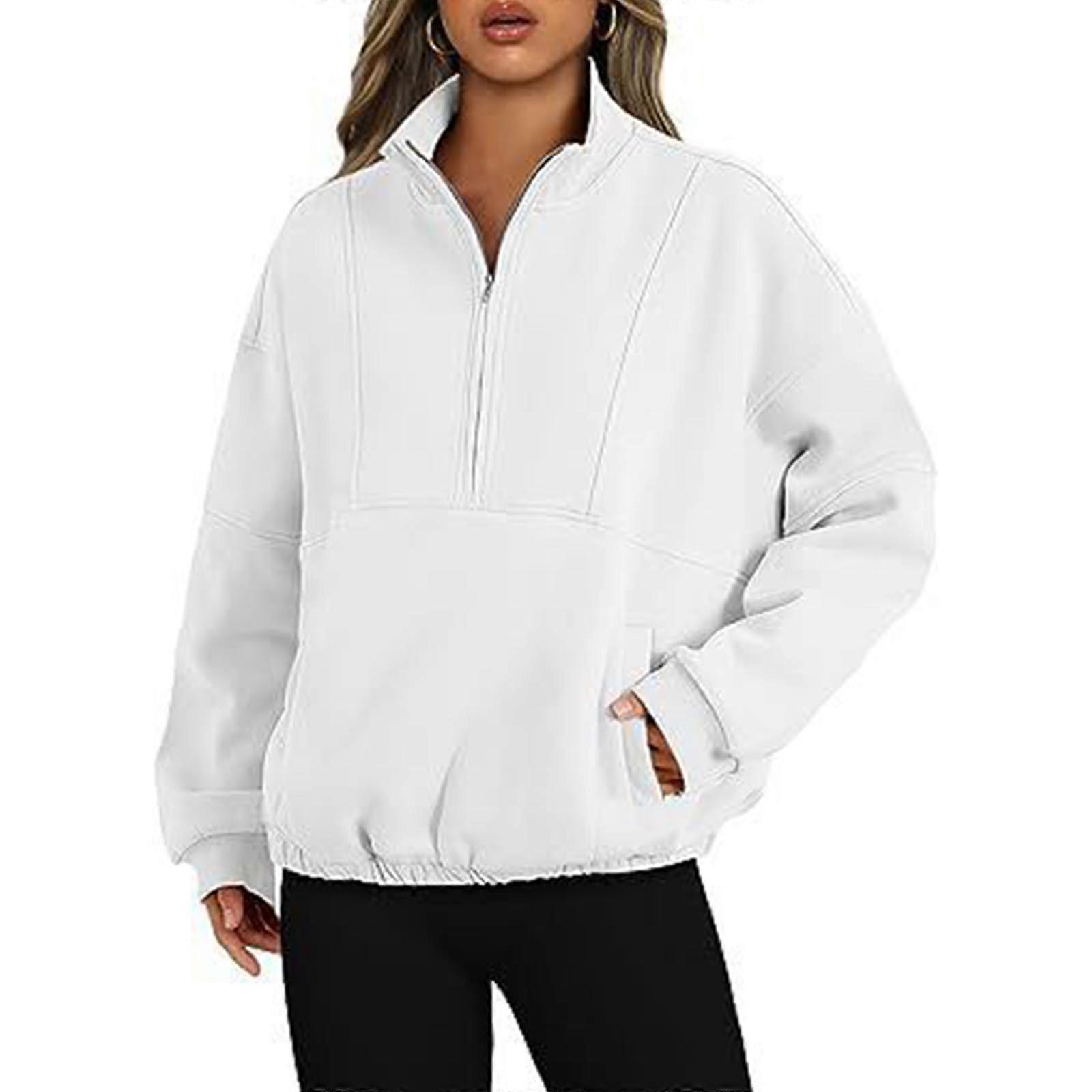 Felpa con cappuccio Pullover Casual da donna con mezza zip Pullover Felpa con cappuccio a maniche lunghe Felpa con cappuccio oversize a maniche lunghe Bianco L