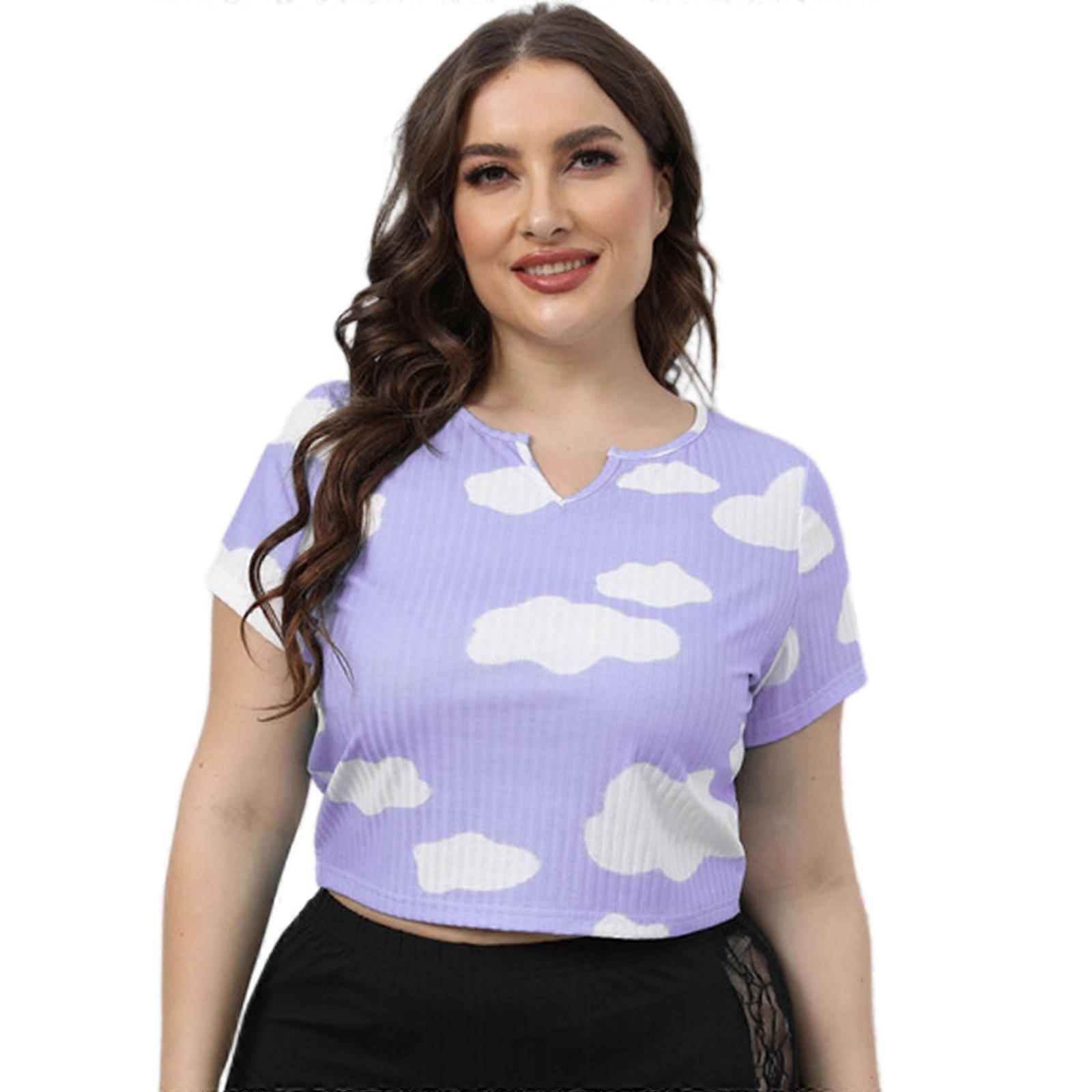 Femmes Casual Été Crop Top À Manches Courtes Col Ras du Cou Tee Nuage Imprimé Côtelé Blouse T-Shirt Sexy Tees Hauts Courts Violet XL