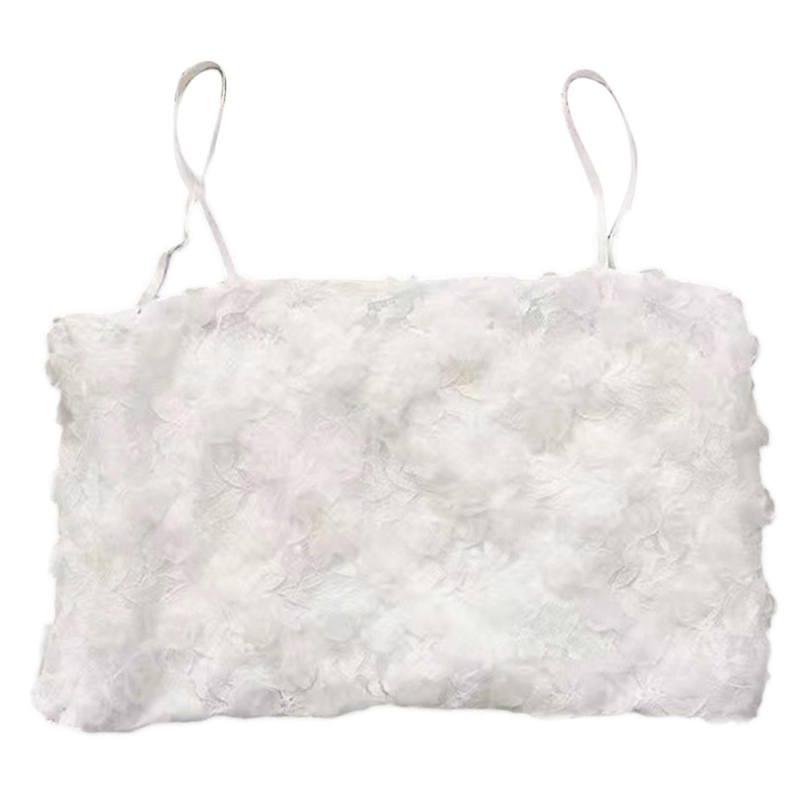 Women French Style Spaghetti Strap Crop Tube Top with Shelf Bra Vintage 3D Flower Petals Lace Camisole Shirred Back Mini for Tank Vest Bottoming