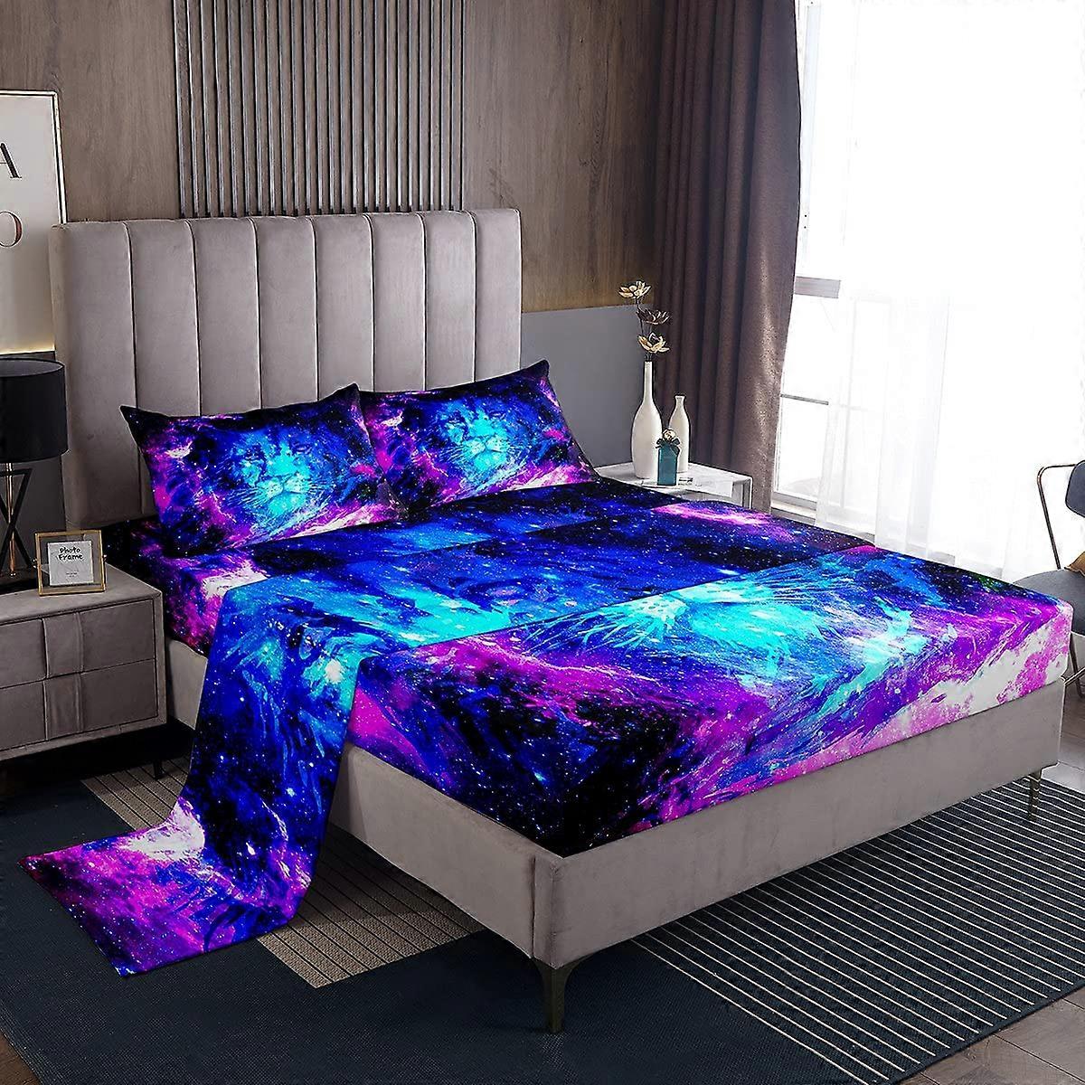 Purple Blue 4 Pcs Bed Sheet Set for Queen Size Bedding, Soft Microfiber, Space Theme Design