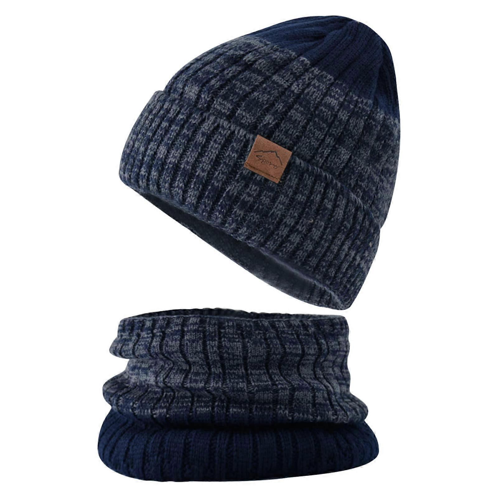 Kış Beanie Şapka ve Eşarp Seti, Kalın Polar Erkekler İçin Sıcak Düğmeli Şapka ve Boyun Isıtıcısı (Donanma)