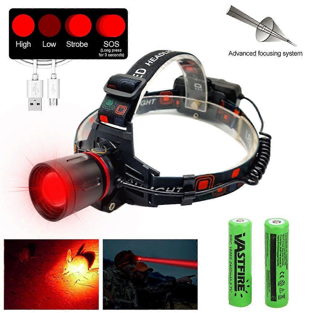 Zoomable Red/Green Light Hunting Headlamp 4 Modes Usb Charger Powered By 18650 Battery
