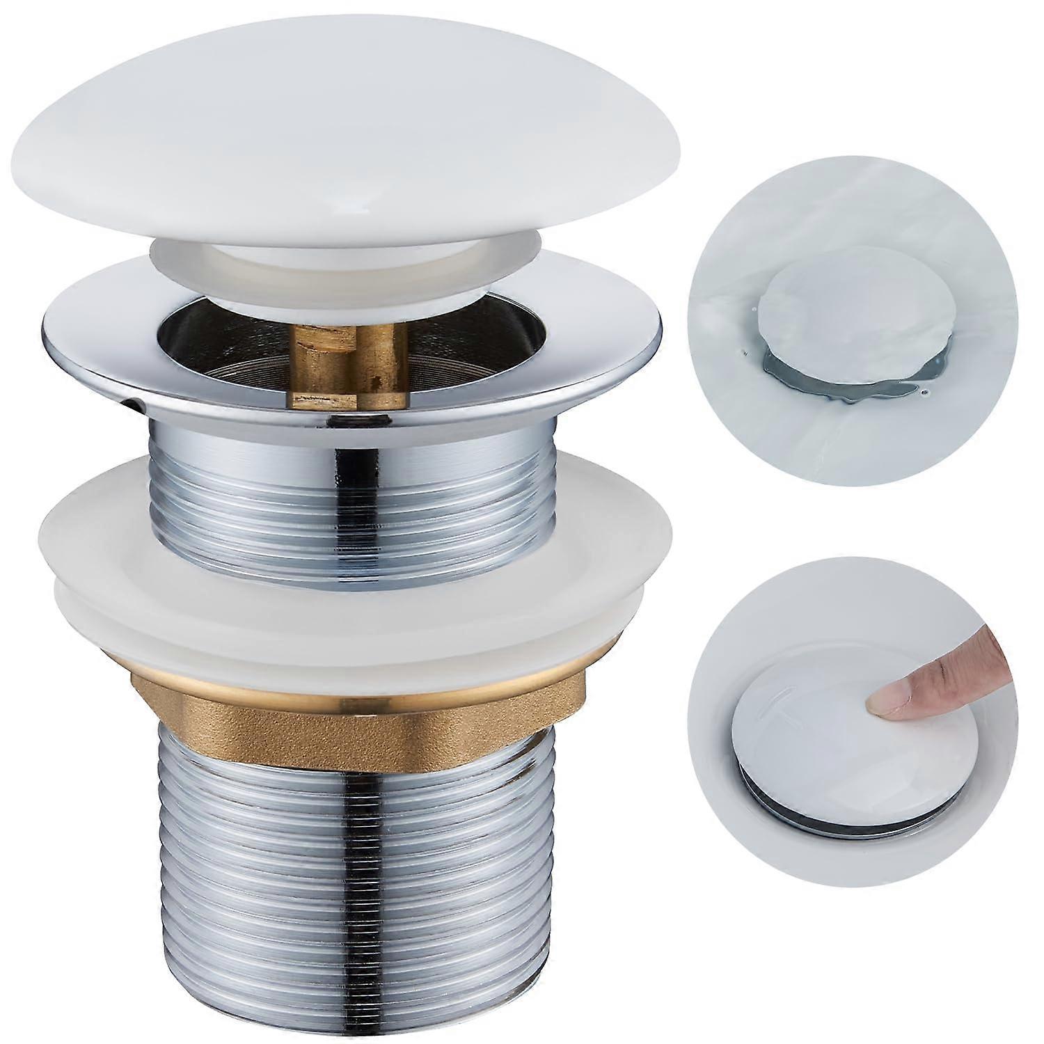 Ceramic Pop Up Valve Drain Fitting for Washbasin, Universal 1 1/4 Inch Drain Valve Sink Plug White Ceramic Without Overflow