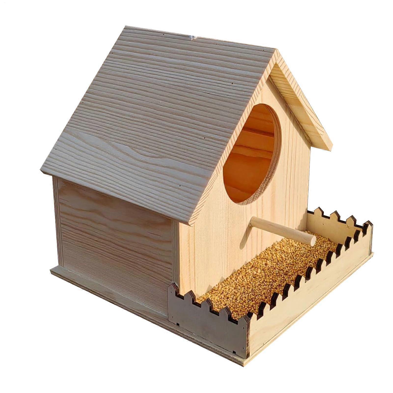 Wooden Bird House, Natural Nesting Box, Ventilated with Perch Feeder