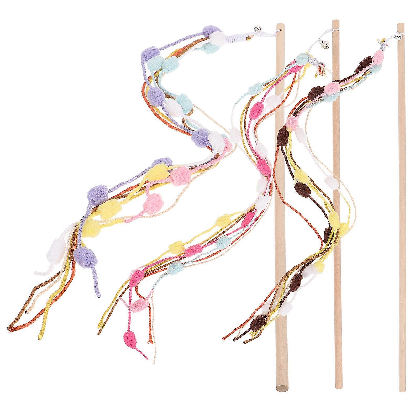 3pcs Interactive Cat Teaser Sticks Durable Bite Resistant Plush Wood Toy for Feline Play Exercise and Pet Engagement