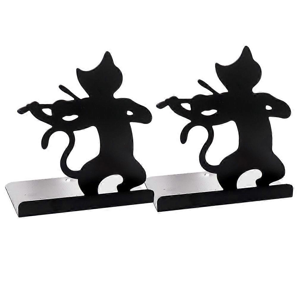 2pcs Cat Pattern Iron Bookends Practical Simple Book Ends Book Supports Rack Desktop Organizer Magazines Stand for Office School Black