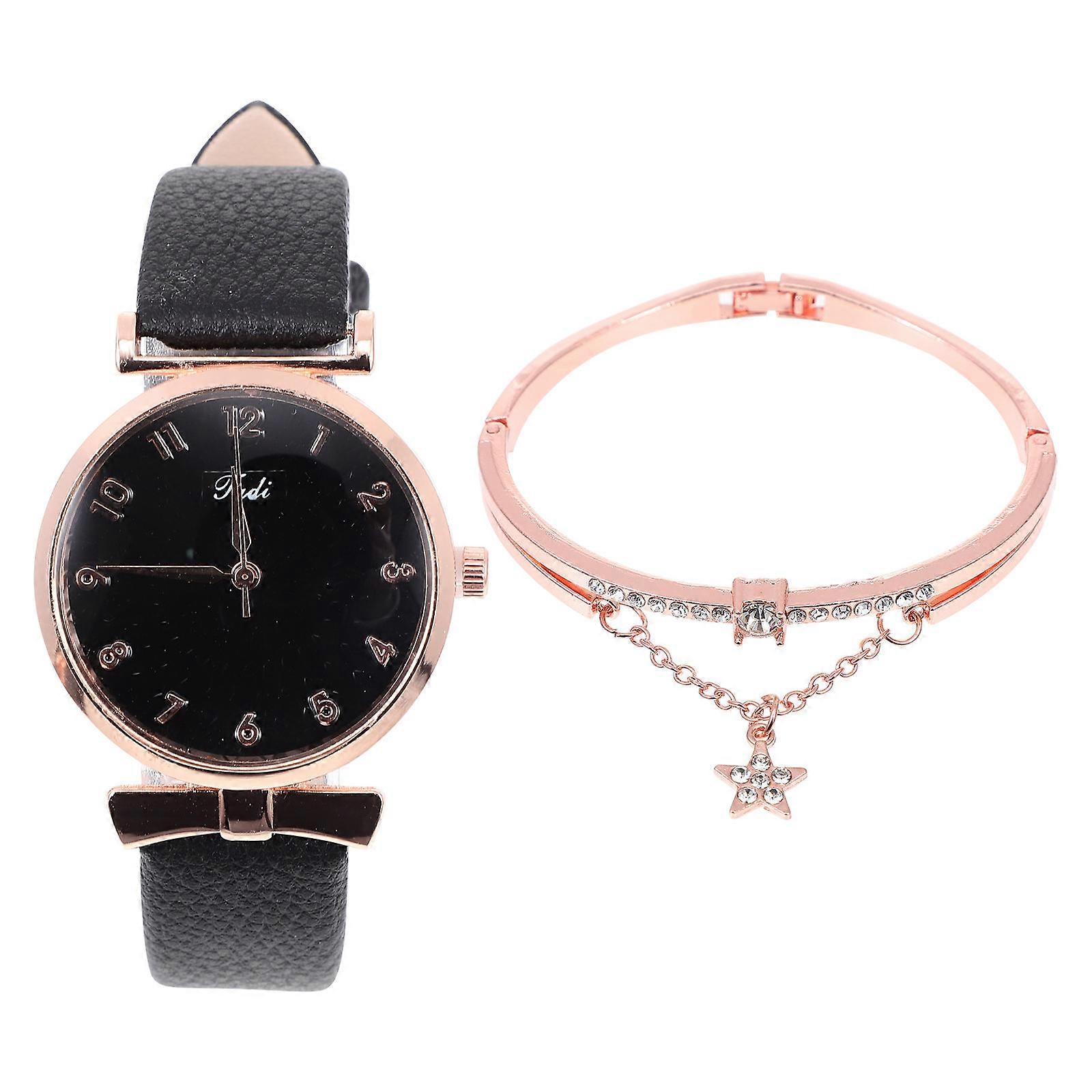 Watch Bracelet Set Women Timekeeping Fashion Accessory Round Elegant Shape Black 1Set