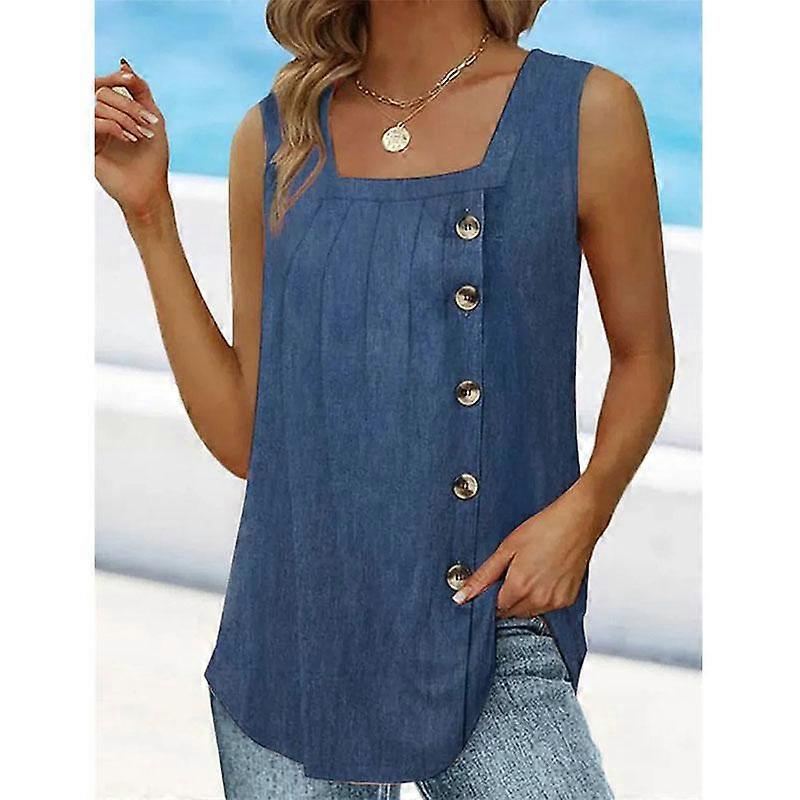 Summer Women's Tank Tops Pleated Square Collar Sleeveless Button Undershirt Vest