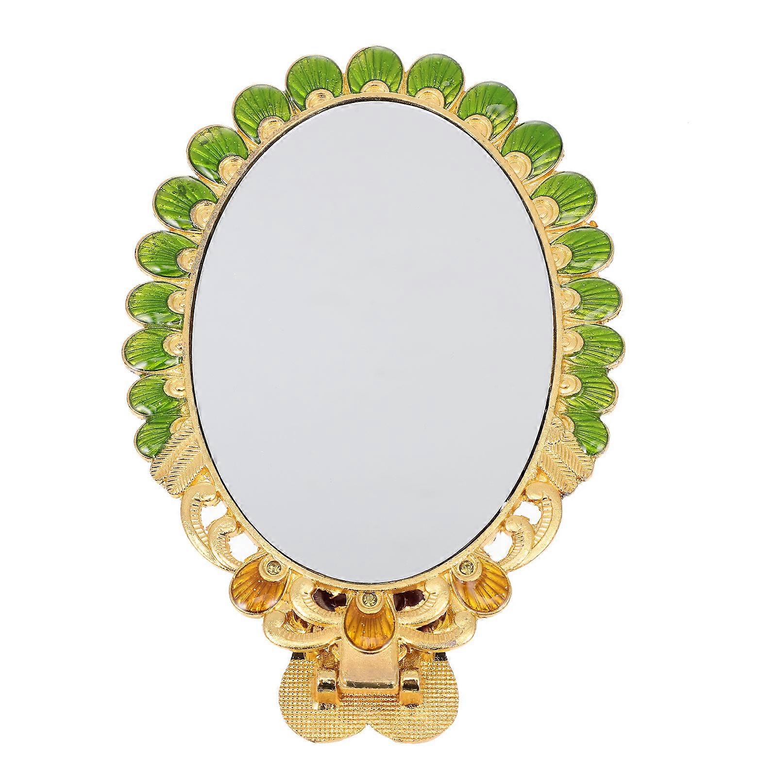 Round Handle Shape Mirror Portable Makeup Mirror Teens Trip Picnic 21x10cm 1Pack