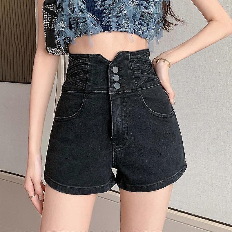 Stretch Slimming Buttoned Denim Shorts Women's Ultra High Waist Tummy Crossover Straight Wide Leg Shorts