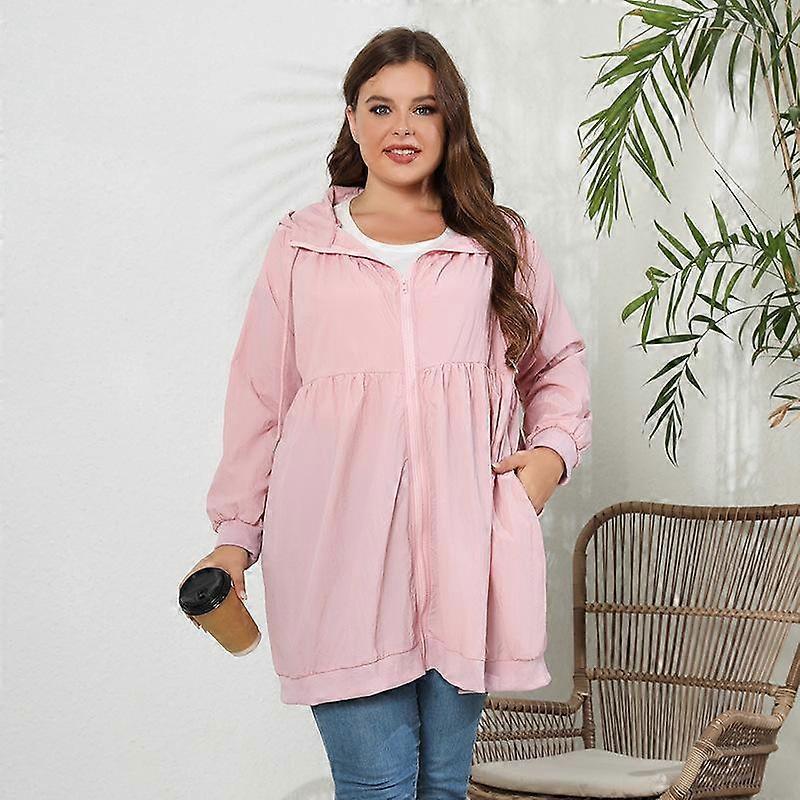 Spring and Autumn Women's Jacket Plus Size Solid Color Cardigan Hooded Windbreaker Sunbreaker Medium Long Loose Jacket