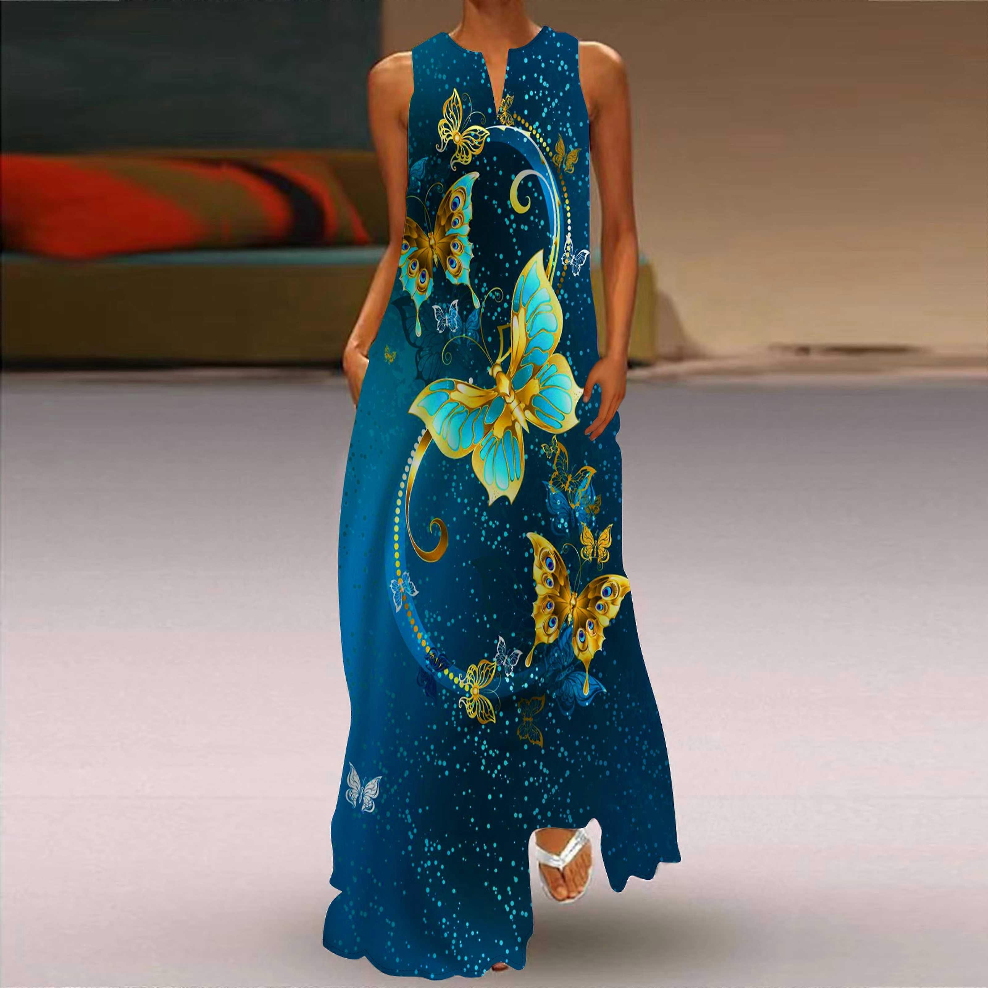Pentru femei Rochie în linie A Maxi Lung Fără mâneci Albastru Perlat Fluture Imprimeu Toamnă și Iarnă Decolteu în V Stil retro Elegant