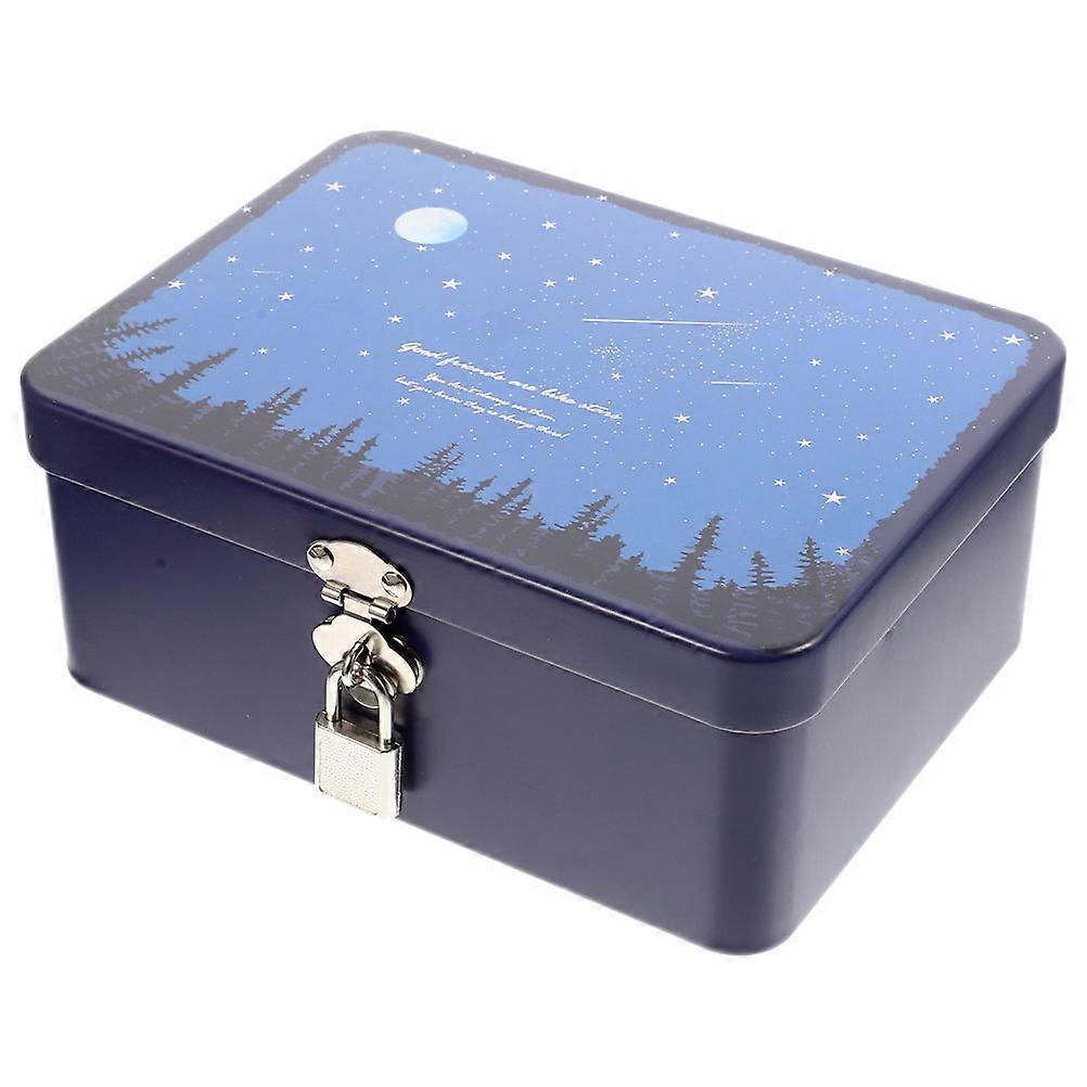 Retro Storage Box With Lock For Home Office Use Blue Tinplate Keepsake Storage Solution 1Pcs