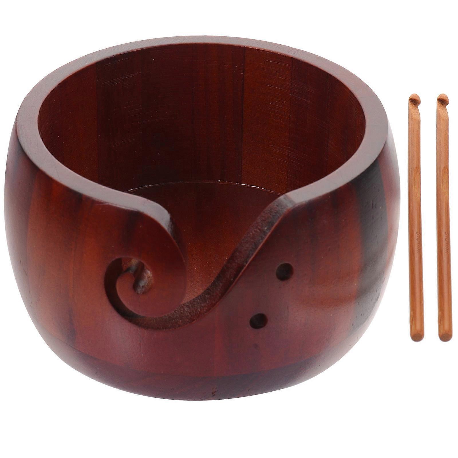 Wood Yarn Bowl for Crocheting with Perforated Design Dark Red Storage Bowl for Knitting Tools 1 Set