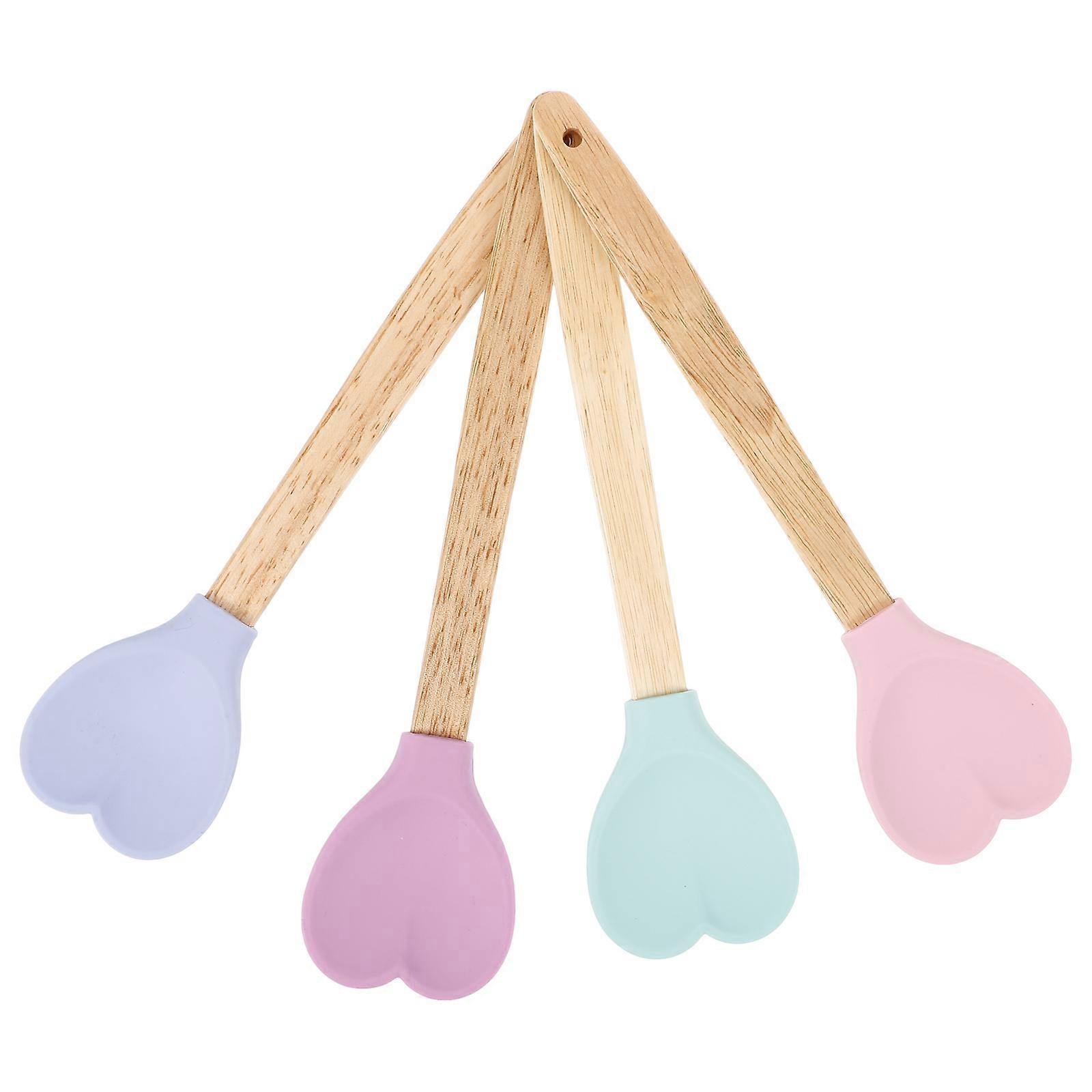 4Pcs Heart Shaped Silicone Wooden Handle Soup Spoons for Kitchen Use Assorted Color