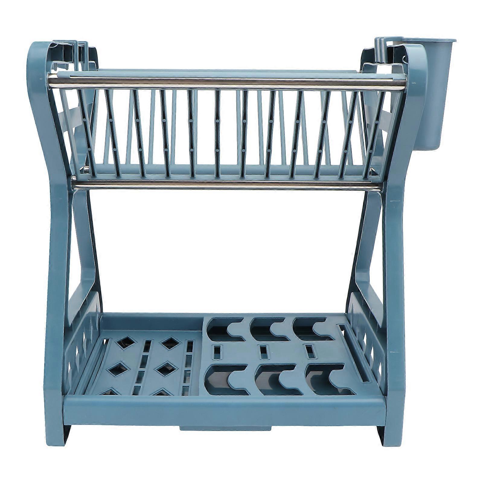 Double Layer Drain Rack for Kitchen Storage in Blue Color Made of Stainless Steel and PP