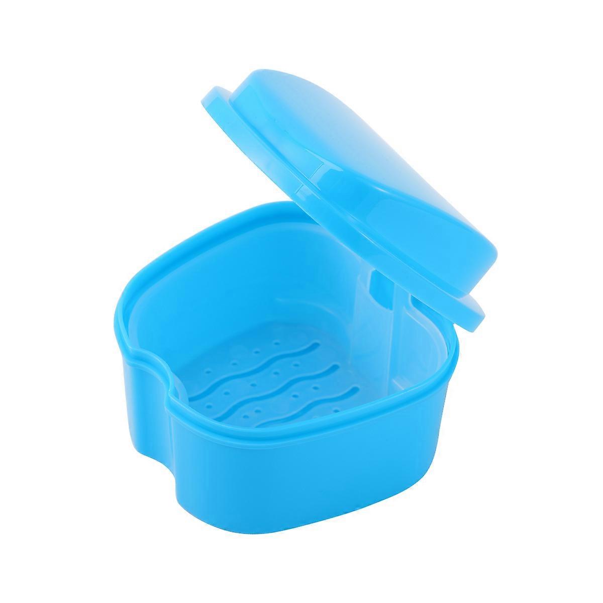 Blue Denture Box with Strainer for Storage Made of Durable PP Portable Apple Shaped 4.5x3.2 Inches