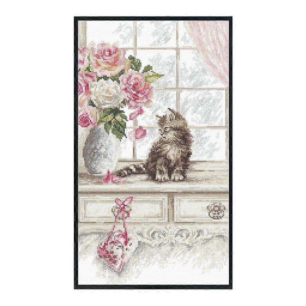 Eco-Thread Cotton 11CT Embossed Printing DIY Cat Pink Flower Handmade Cross Stitch Canvas Graphics Embroidery Kit Sewing Crafts