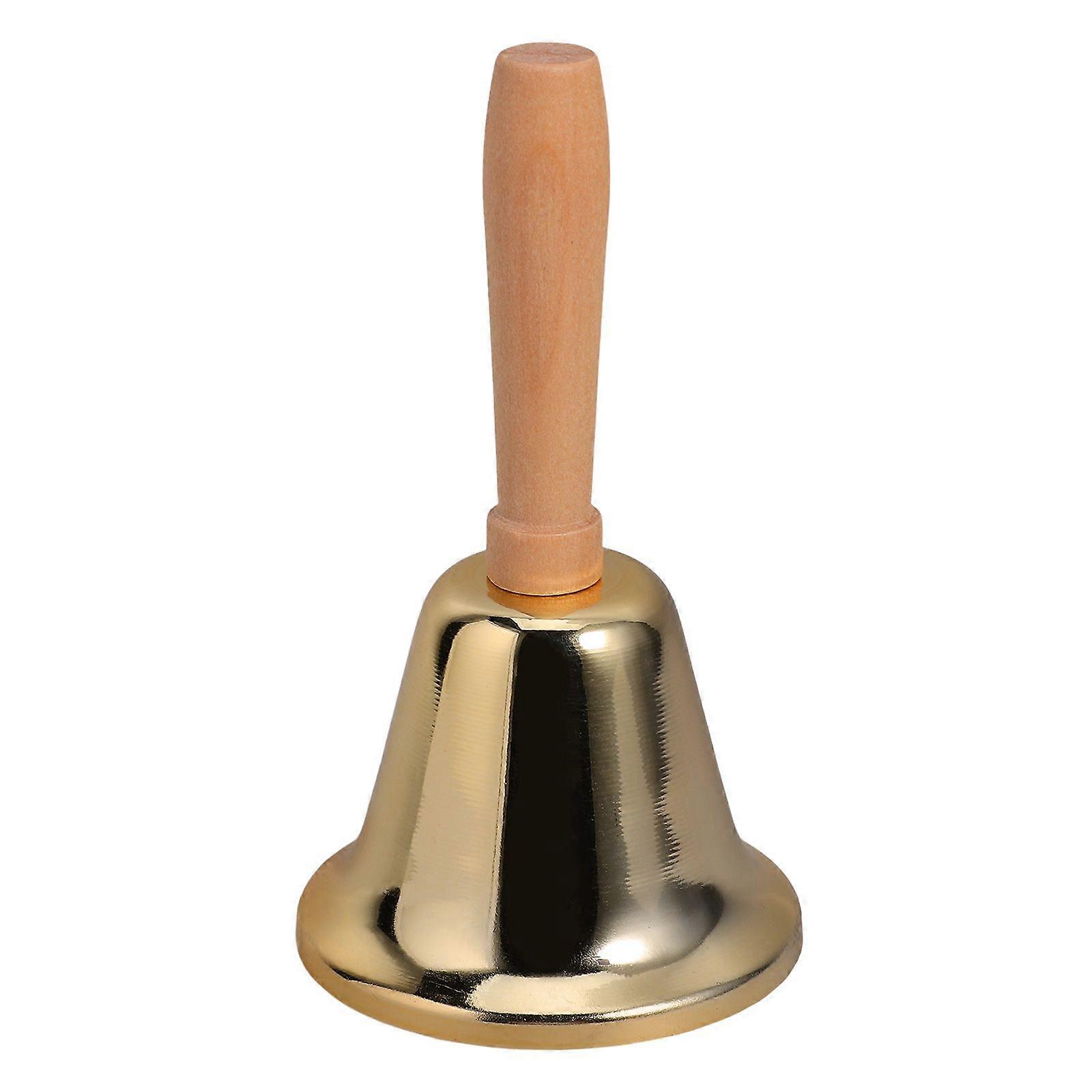 Handheld Metal Call Bell with Wooden Handle Loud Metal Handheld Ring Tea Bell Dinner Bells for Calling Attention and Assistance Golden