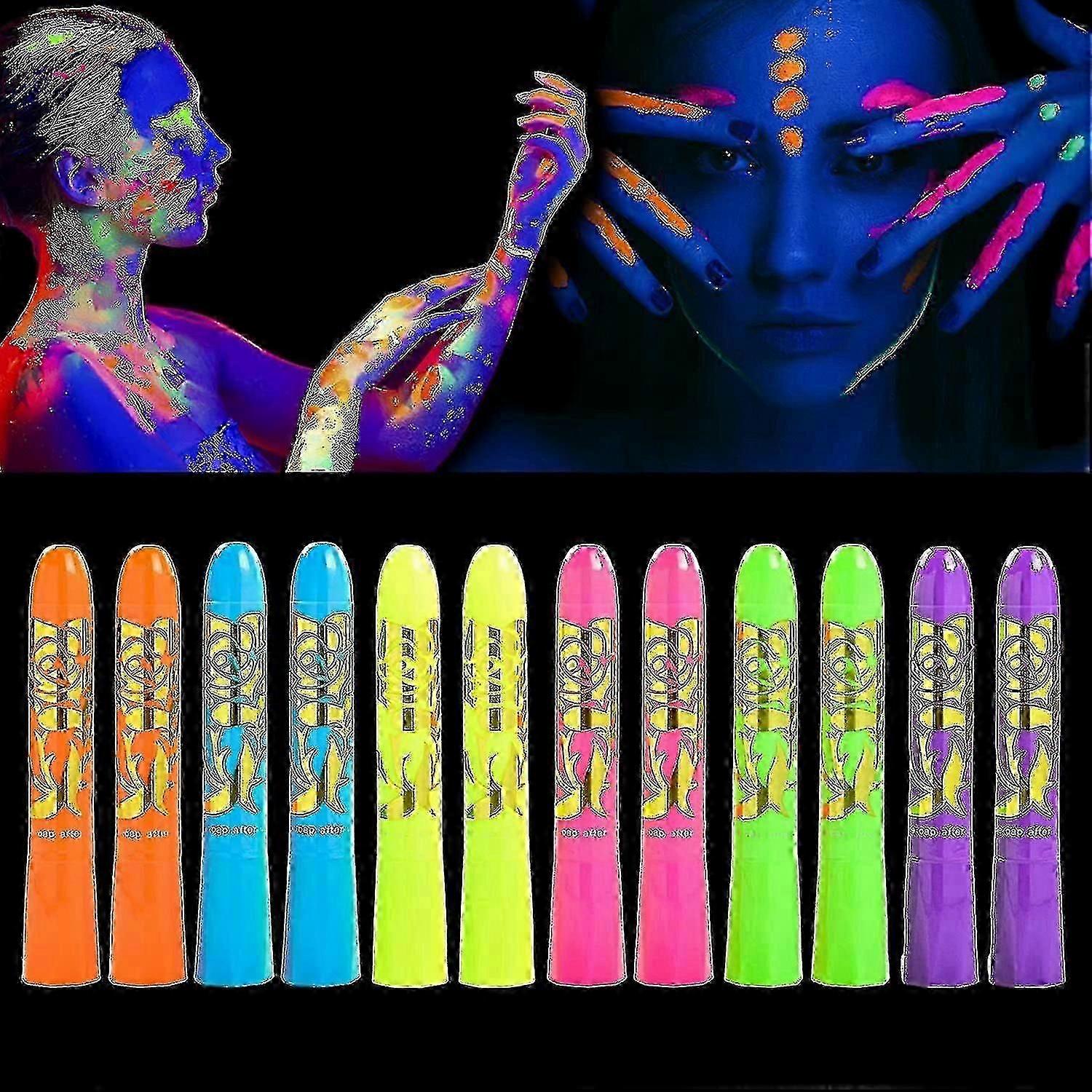 12 件 Glow In The Black Light Body Face Paint， Uv Crayons Kit 荧光人体彩绘