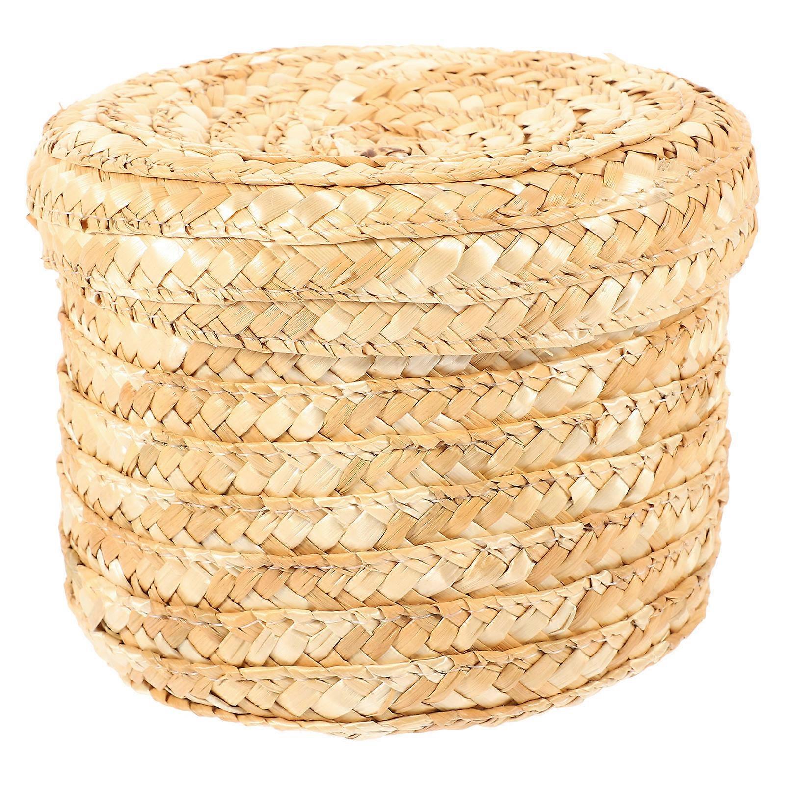 Woven Storage Bin With Lid For Home Organization And Room Decoration In Beige Color Made Of Wheat Straw 1Pc