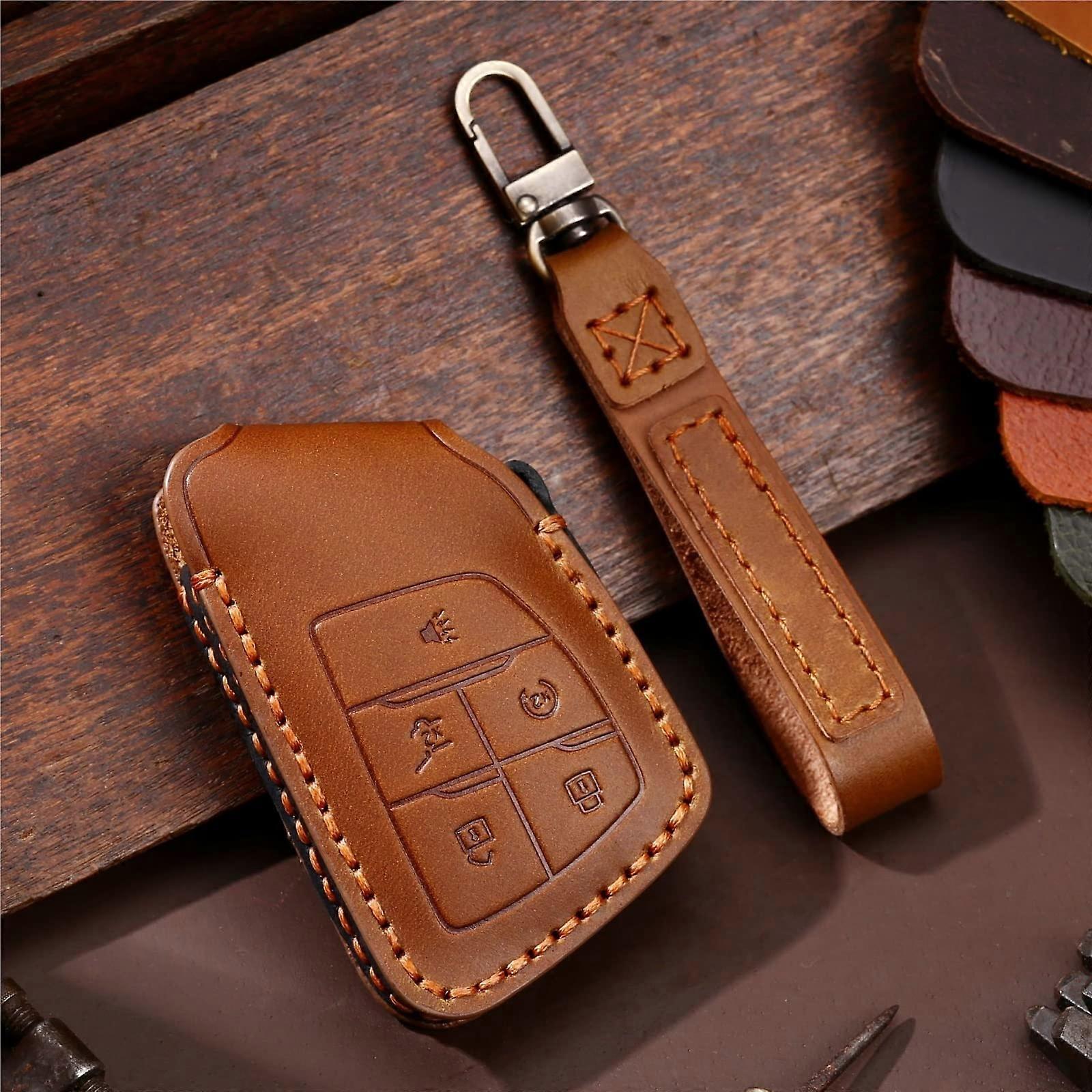Car Key Case Cowhide Material Soft Handmade Cover Compatible With Buick 5 Button Brown Size 1