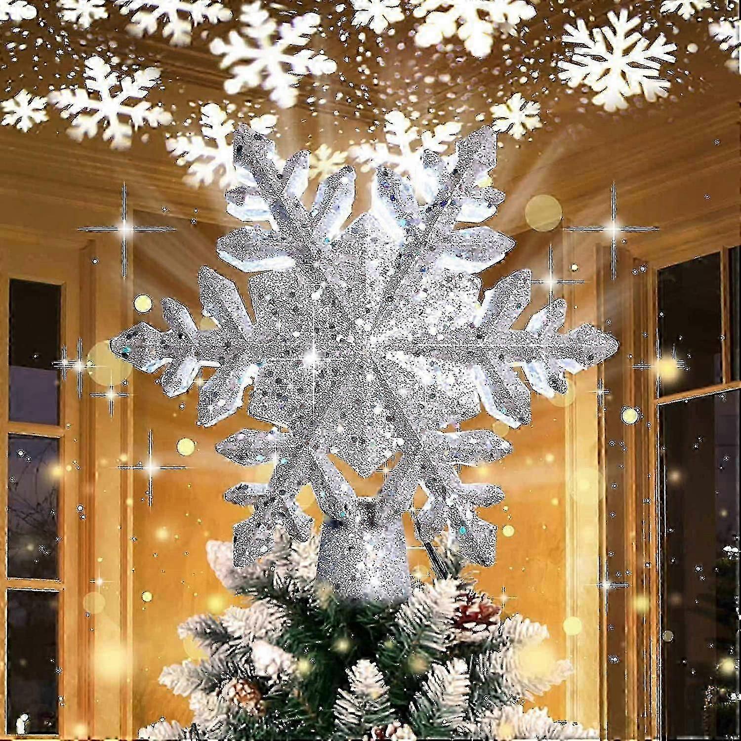 Christmas Tree Topper Lighted With Led Rotating Silver Snowflake Decorations Projector Silver Snow Tree Topper Night Light Projector For Indoor Outdoo