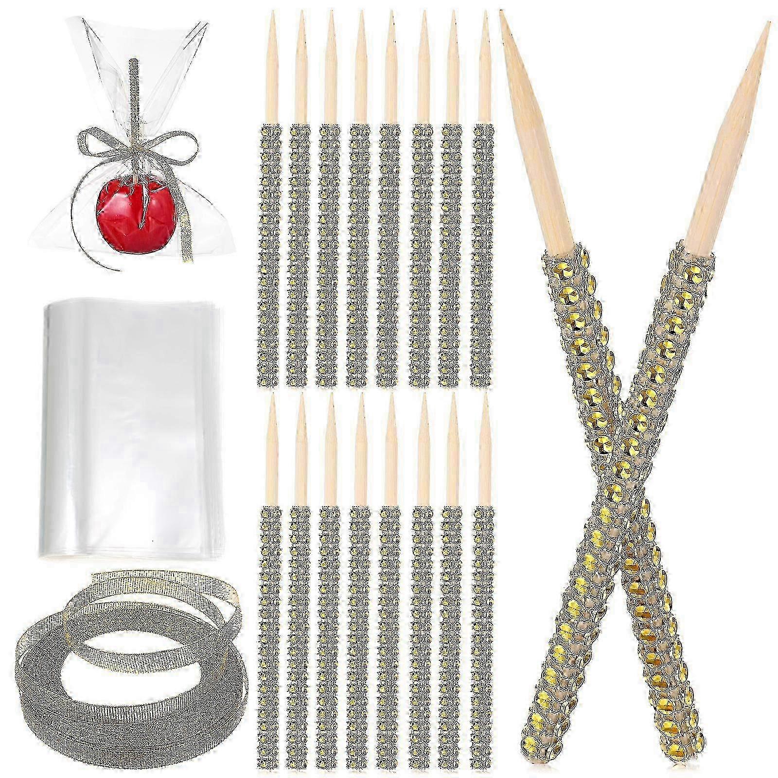 1 Set Of Candy Apple Sticks Apple Rhinestone Wooden Skewers With Bag Ribbons