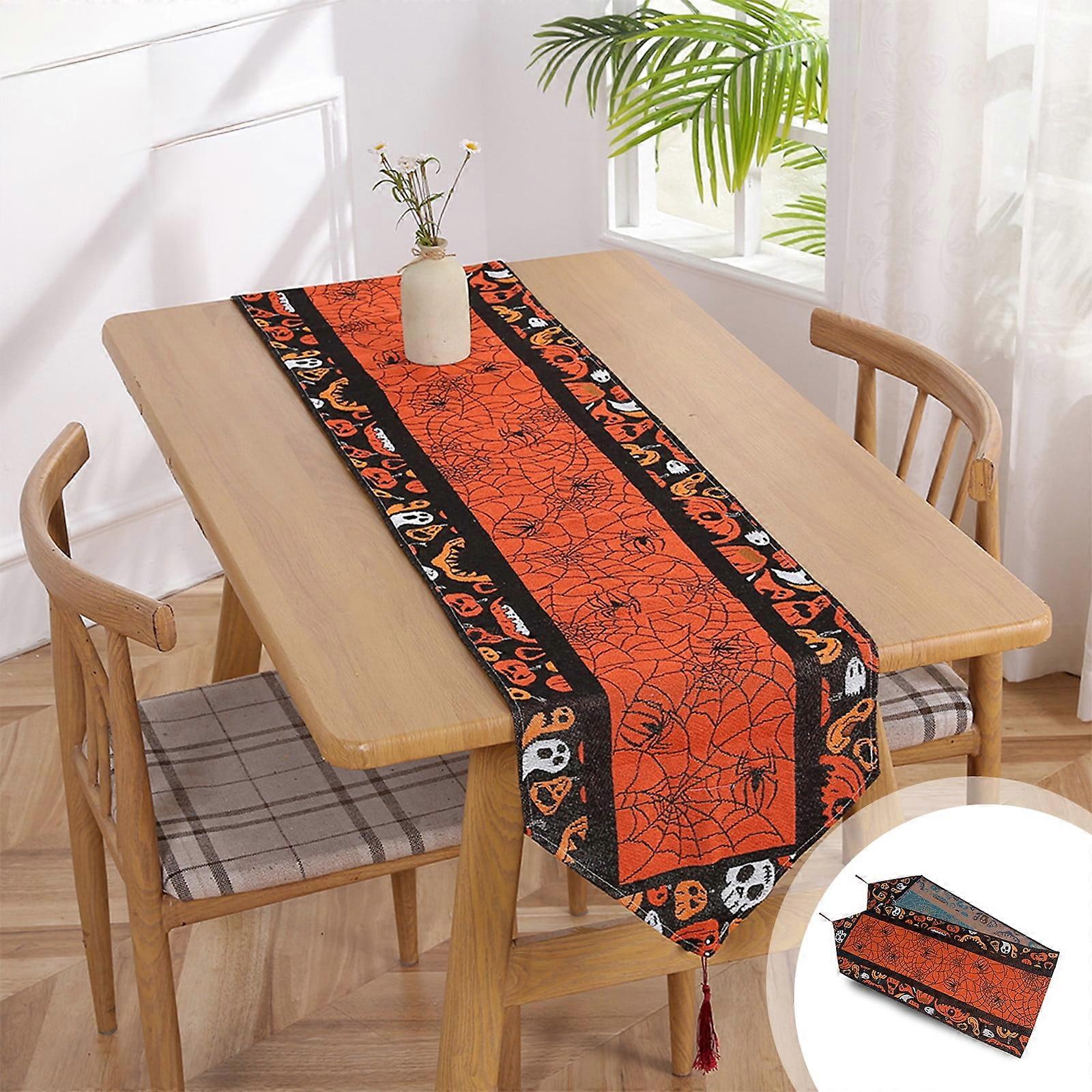 Halloween Cobwebs Pumpkin Table Runner 708x129in, Cotton Linen with Pendant, Compatible with Long Tables & Candlesticks