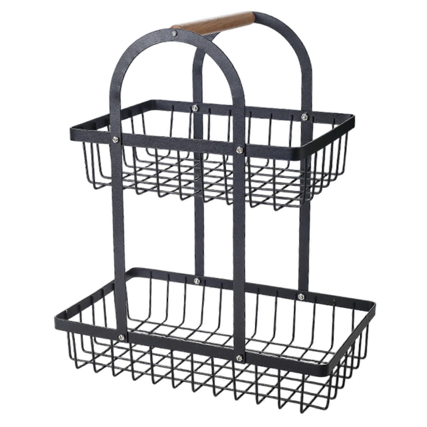 Fruit Basket 2Tier Metal Basket With Wooden Handle Rustproof Wire Mesh SpaceSaving Countertop Kitchen Organizer