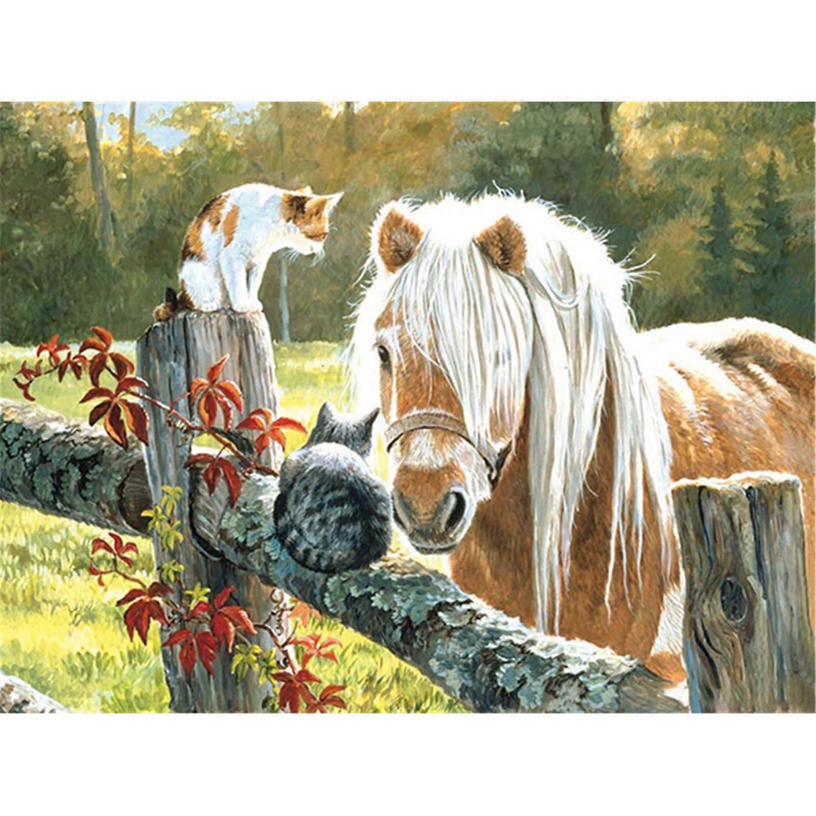 Stamped Cross Stitch Kit with PrePrinted Horses and Cats Pattern for Adults Beginners 11ct 30x40cm DIY Embroidery Set