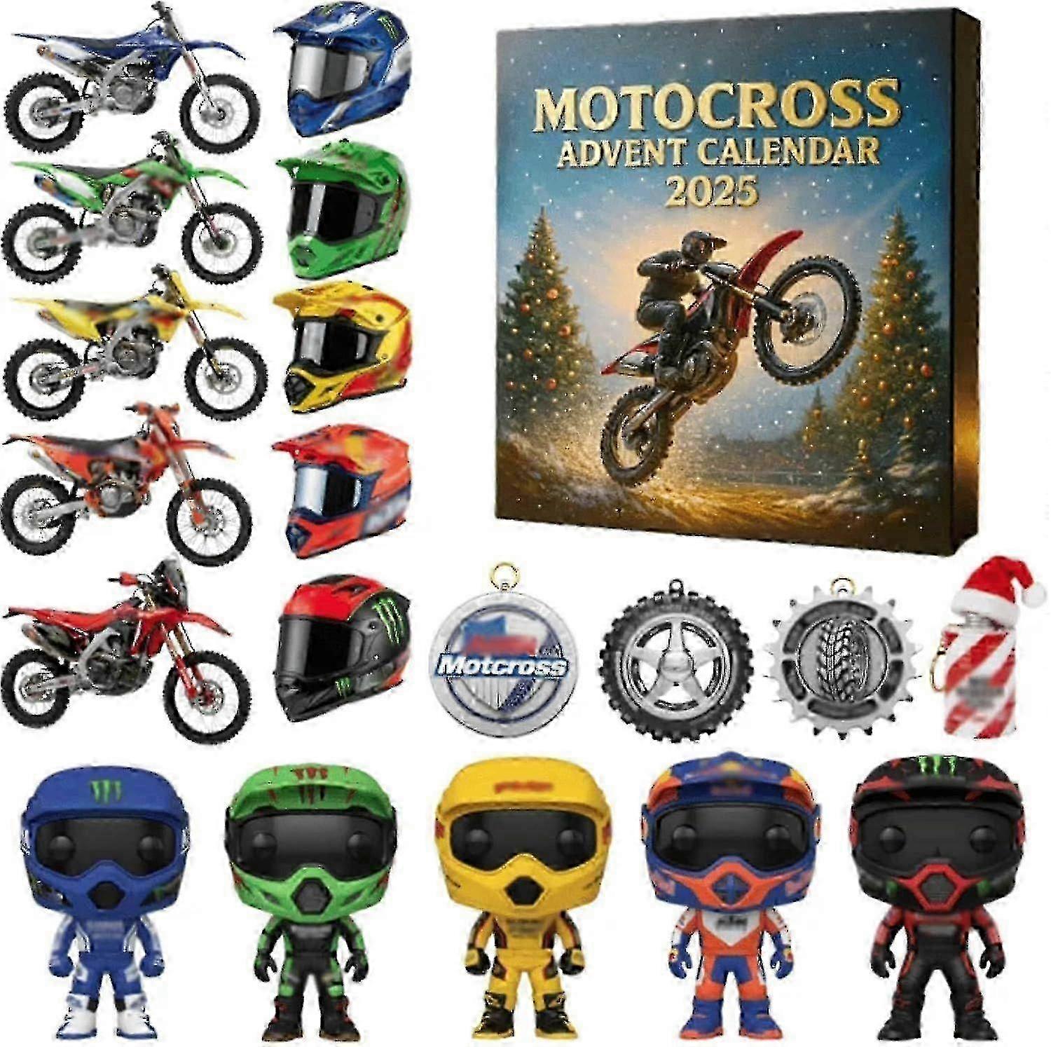 f Motocross Advent Calendar 2025, 24 Days Christmas Countdown with with Mini Dirt Bikes, 2D Acrylic Motorcycle Decor for Christmas Tree,