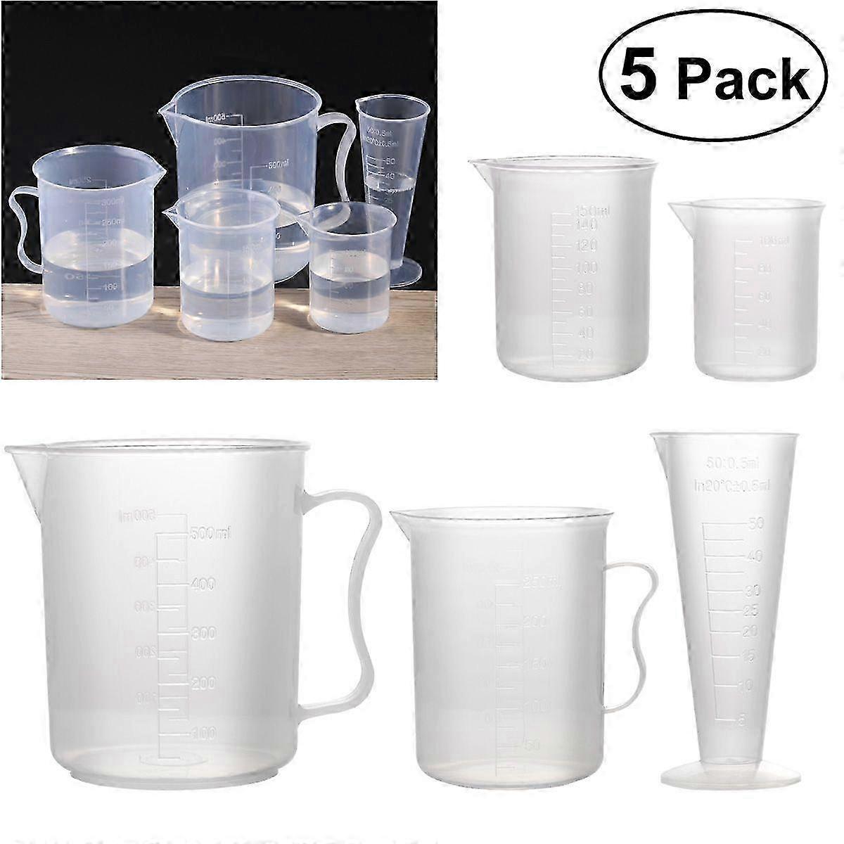 UEETEK 5pcs 50ml / 100ml / 150ml / 250ml / 500ml Measuring Cup Labs Plastic Graduated Beakers (Transparent)