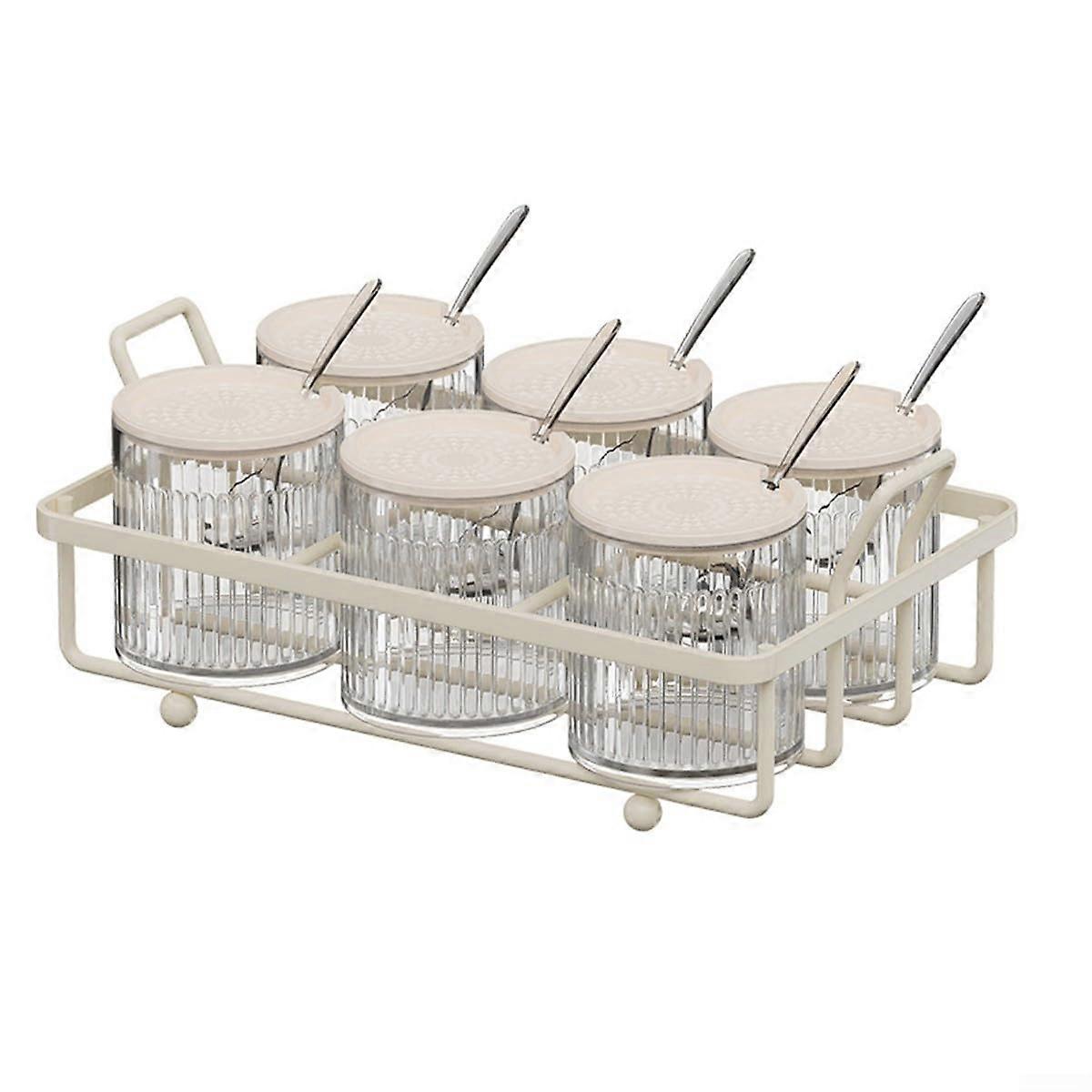 Spice Rack Set with Metal and Clear Plastic Jars with Lids and Spoons for Salt, Pepper, Sauces (6 Bottles)