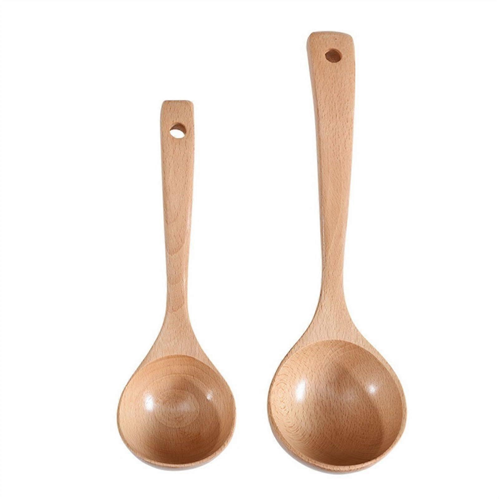 Set of 2 Large Wooden Ladle for Cooking and Serving Soup with Deep Head and Ergonomic Handle