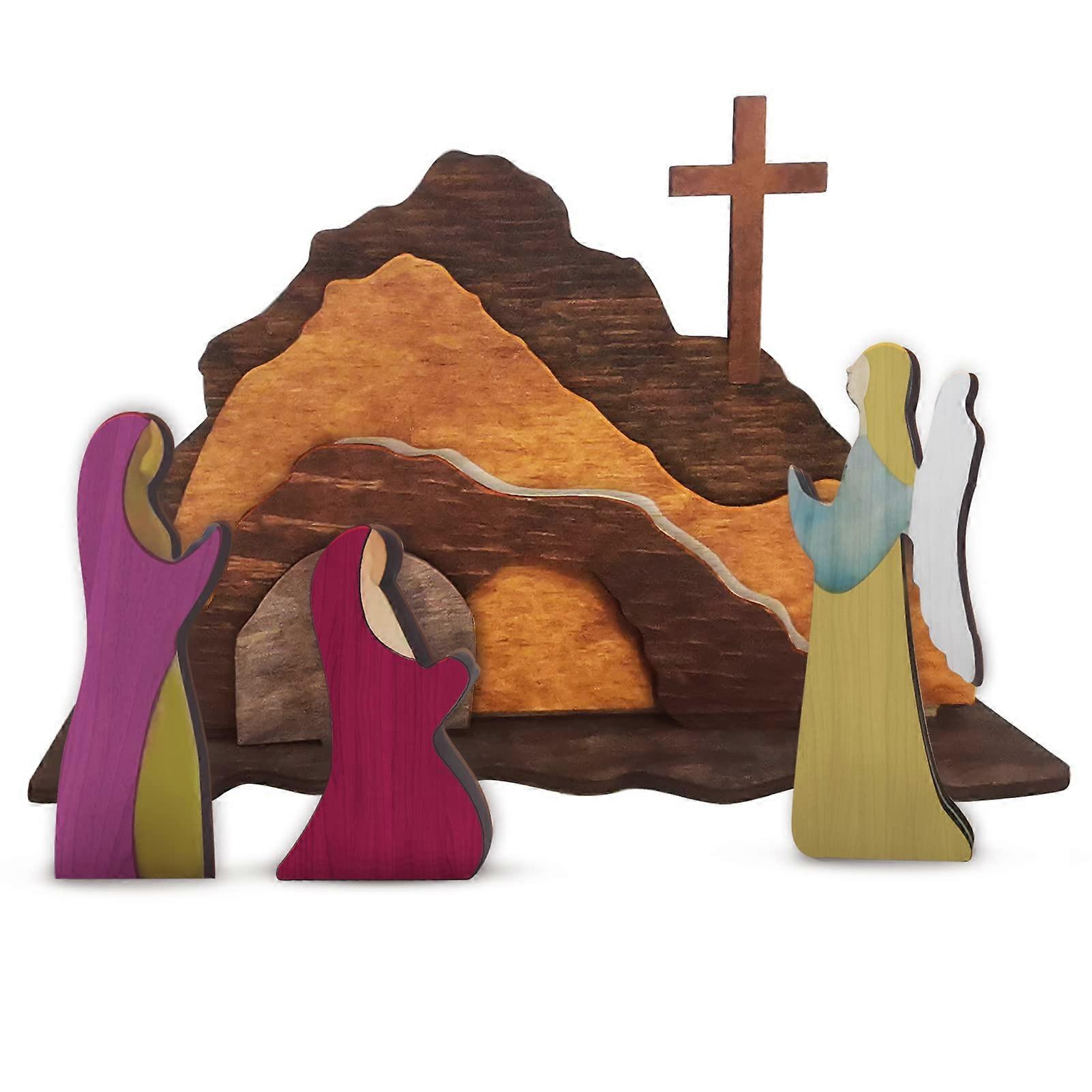Easter Wooden Decorations Handcrafted Resurrection Scene Christian Table Centerpiece with Cross