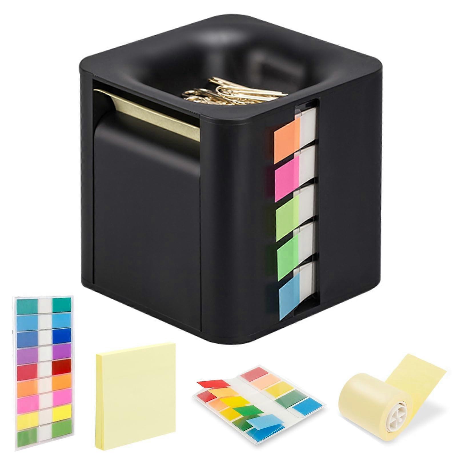 5in1 Cube Desk Organizer with PopUp Sticky Note Dispenser, Magnetic Clip Holder, Tabs, Roll Notes – Black for Office, School and Home