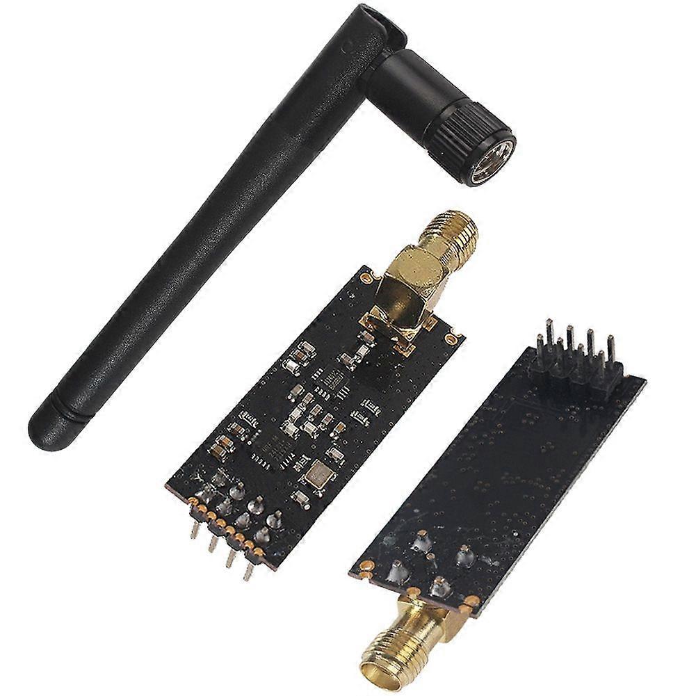 NRF24L01+PA+LNA 1100-Meter Long-Range Wireless Pass-Through Module, Transmitter, Receiver, and Antenna.