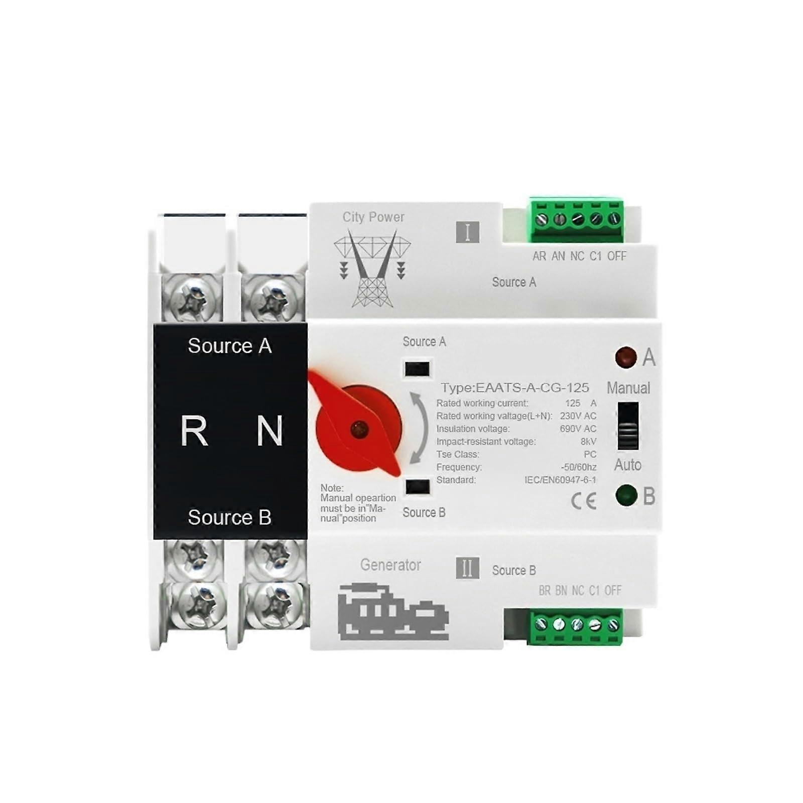 Dual Power Automatic Transfer Switch 125A 2P AC 220V Rail Mounted for Backup Power