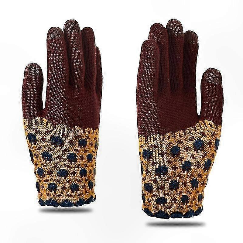 Fleece-Lined Knitted Gloves with Full Finger Touchscreen and Embroidery Design
