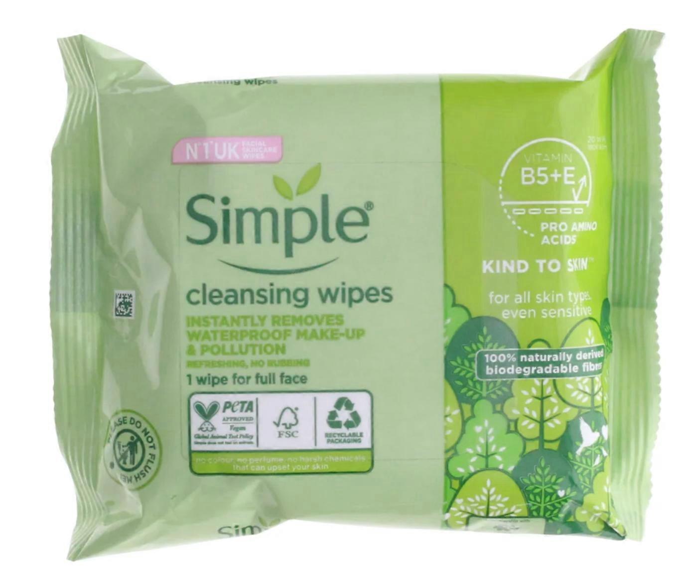 Simple Facial Biodegradable Cleansing Wipes for all Skin Types - 20 Pack