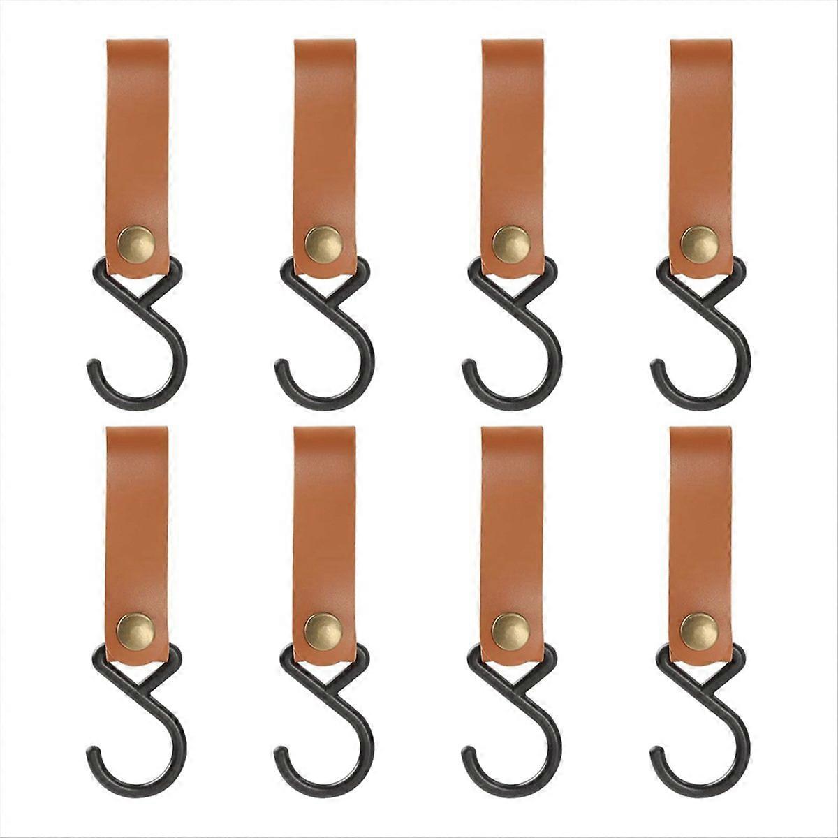 8Pcs Leather S-Hooks Leather Hook,Coat Hook for Hanging (Brown)