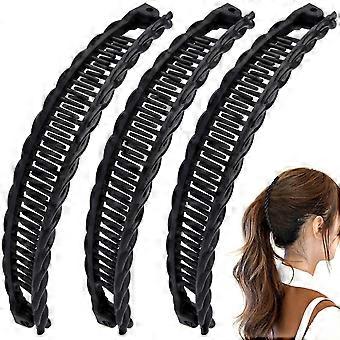 Conjunto de 3 presilhas francesas em formato de banana, clássicas e antiderrapantes, com dois pentes para prender o cabelo de mulheres com cabelos cacheados, lisos, longos, grossos e finos - Preto