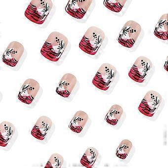 Square Press on Nails Short Fake Nails Glossy Glue on Nails Floral Design Rose