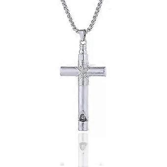 All Stainless Steel Whistle Cross Pendant Chain Necklace Waterproof Anti-fading Black White Color